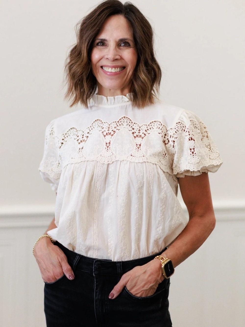 NWT Curds & Whey Boho Shirt Top Embroidered Lace Mock Neck Blouse Size S Small